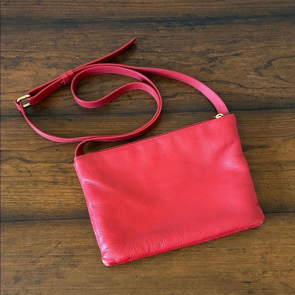 SAKS‎ FIFTH AVENUE Red Genuine Leather Crossbody Bag Shoulder Purse Three Pocket